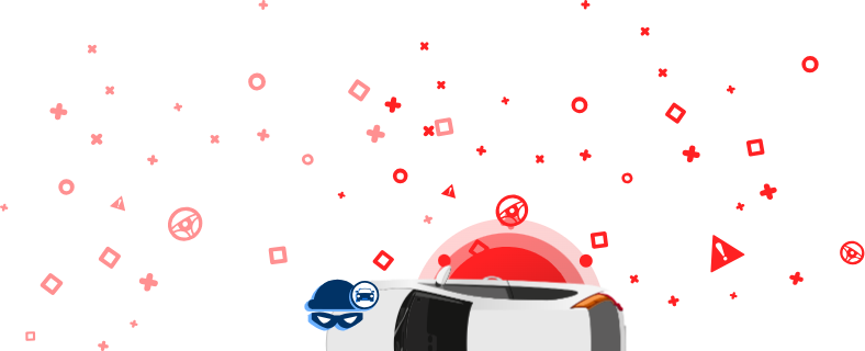 Juosta apvynioto automobilio, įsilaužimo kaukės ir skrybėlės grafika su piktograma raudoname fone.