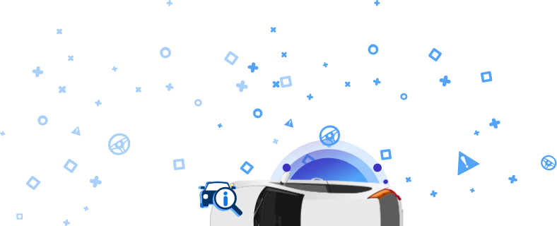 Balto automobilio iliustracija iš viršaus su mėlynomis piktogramomis aplink jį ir užrašu VIN.