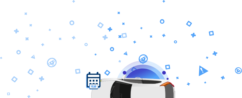 Baltas automobilis iš viršaus su mėlynomis piktogramomis.