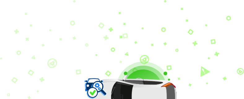 Baltas automobilis iš viršaus su piktogramomis aplink jį.