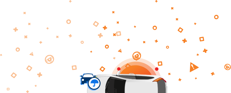 Baltas automobilis iš viršaus su oranžinėmis piktogramomis.