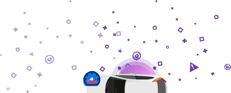 Sugadintos transporto priemonės vaizdas, kurio odometras rodo raudoną juostelę purpuriniame fone.