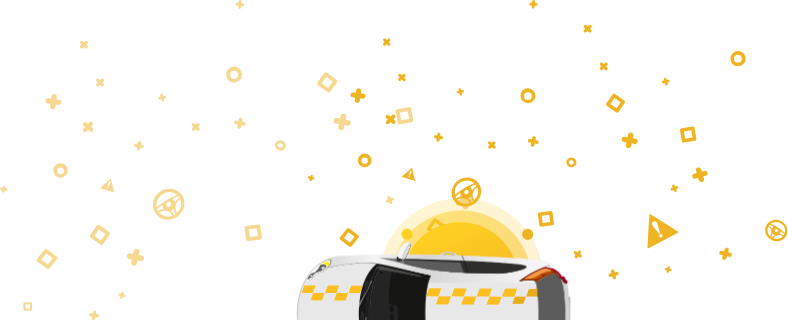 Vaizdas su taksi ženklu viršuje, geltoname fone su geometrinėmis figūromis.