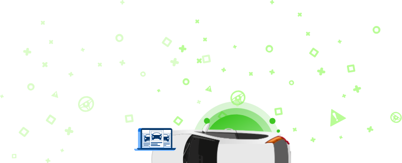 Automobilio su nešiojamuoju kompiuteriu iliustracija su transporto priemonės nuotraukomis žaliame fone.