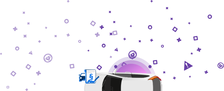 Violetiniame fone automobilio vaizdas su dokumentu, kuriame pavaizduotas pastraipos simbolis ir parašas.