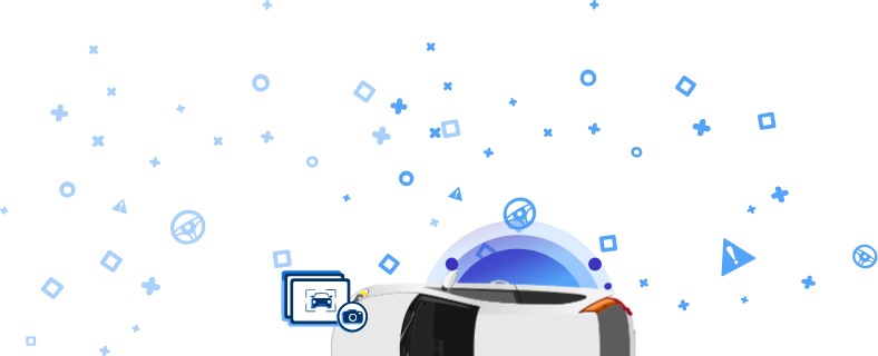 Automobilis su fotoaparato piktograma ir automobilio piktograma mėlyname fone su dekoratyviniais elementais.