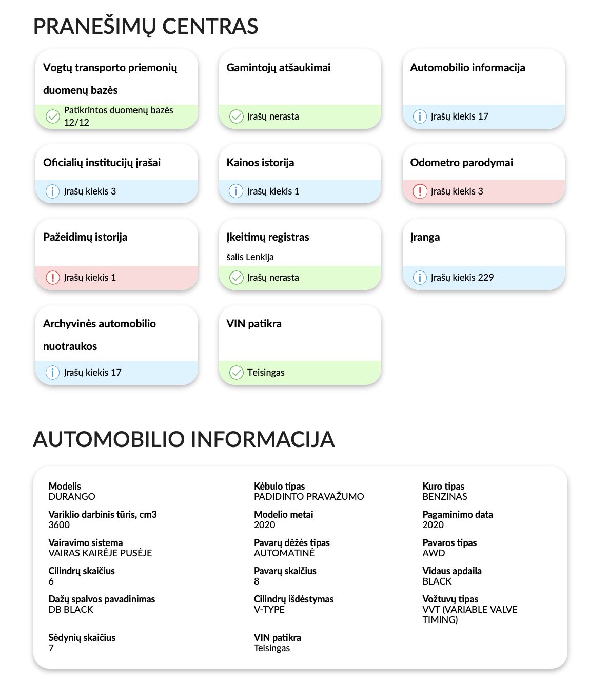 autoDNA transporto priemonės istorijos ataskaita